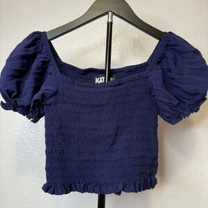 Katie J NYC Marlee Navy Smocked Puff Sleeve Top Tween Girl Junior Size Small